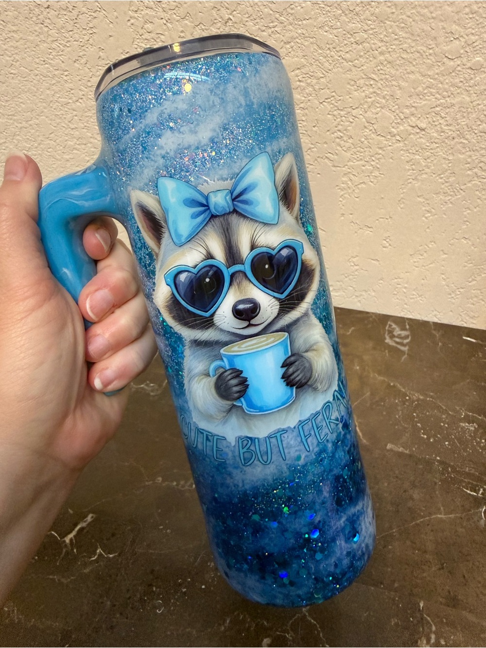 Cute but Feral Racoon Blue Marble Glitter Tumbler Cup 20oz Skinny with Handle